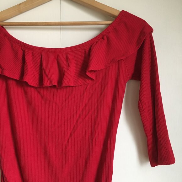 Flamenco Red Ruffle Collar 3/4 Sleeve Bamboo Bodysuit - Picture 5 of 15
